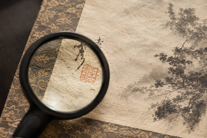 ルーペで拡大した掛軸の落款と朱の印章(よくある質問/イメージ)