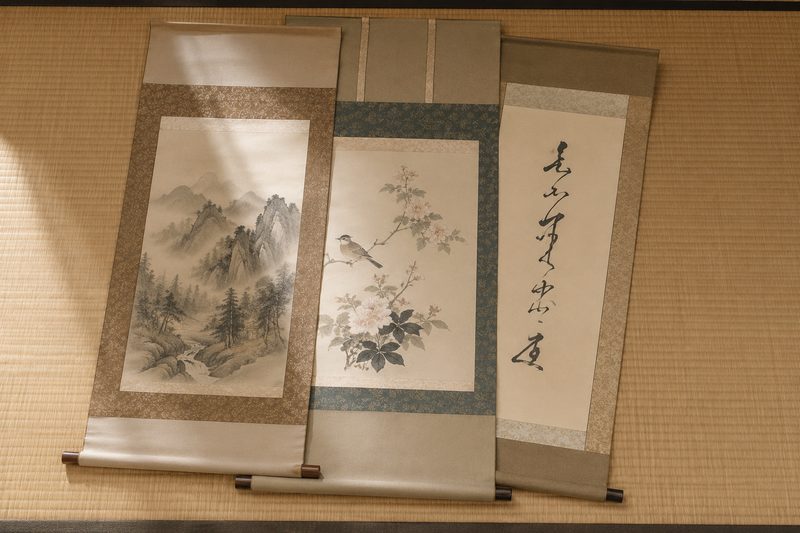 畳に広げた山水画・花鳥画・一行書の掛軸三幅(書画買取(並列カテゴリ親)/イメージ)